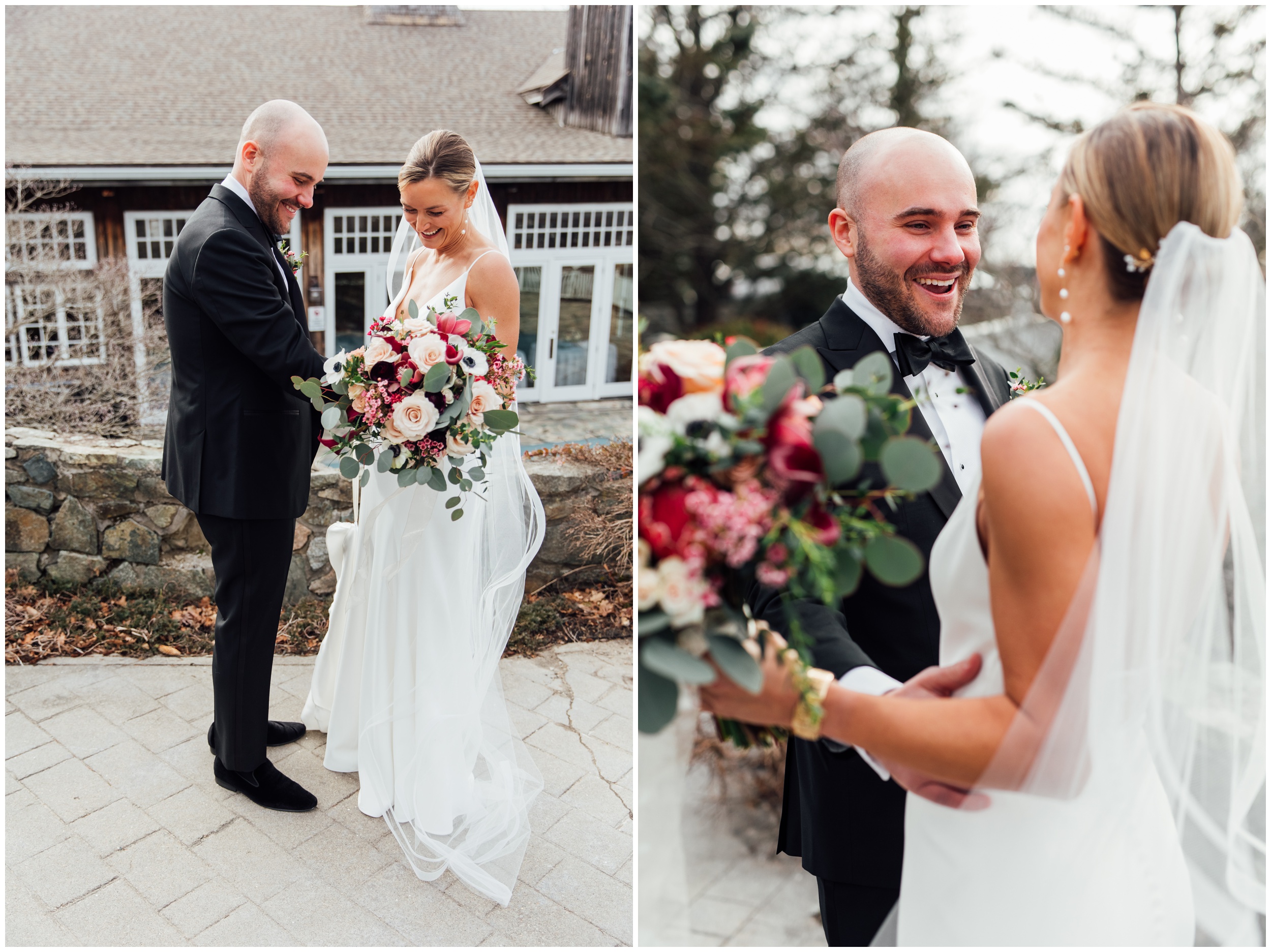 Bride and groom first look at Red Lion Inn winter wedding in Cohasset MA